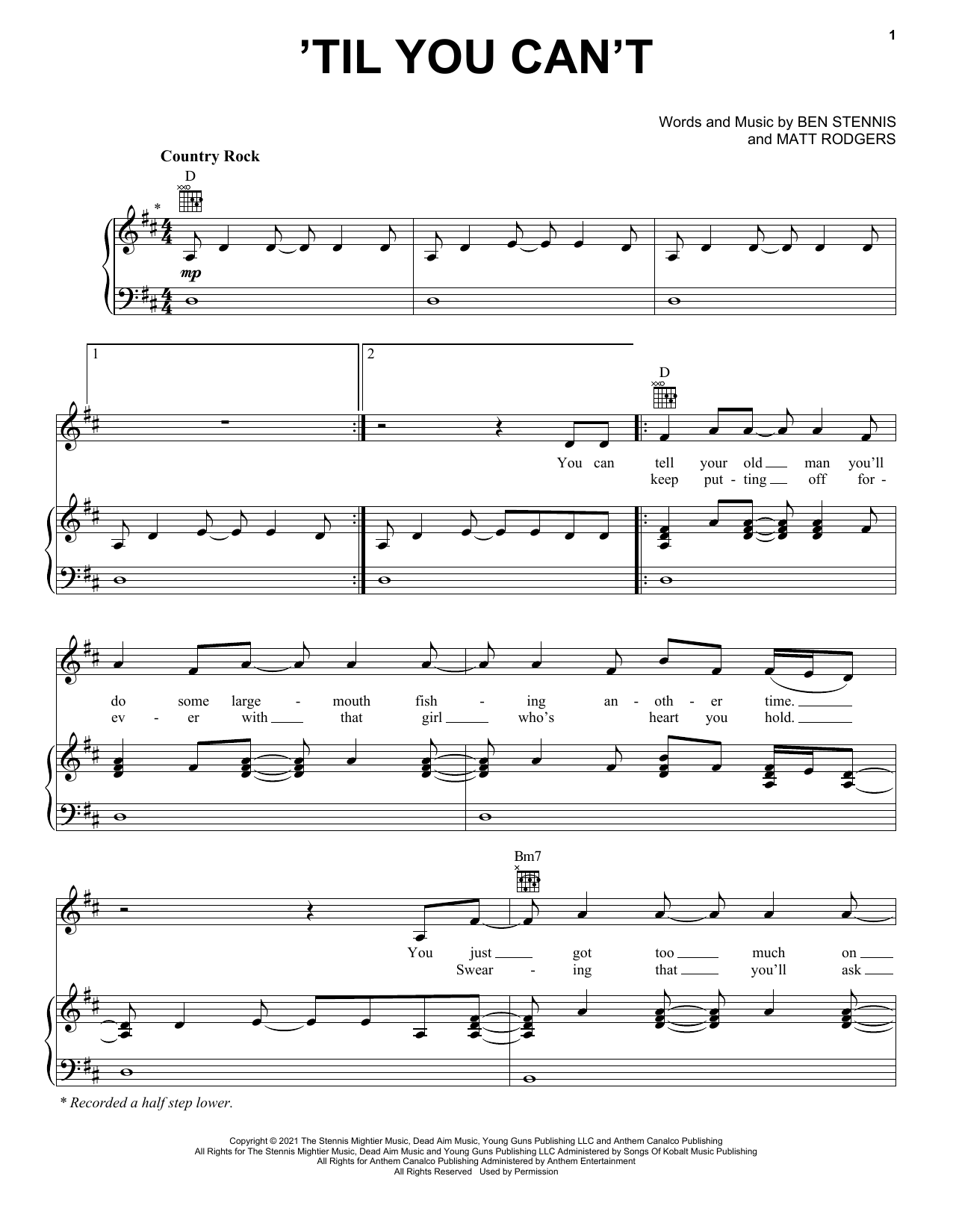 Cody Johnson 'Til You Can't Sheet Music Notes & Chords for Piano, Vocal & Guitar Chords (Right-Hand Melody) - Download or Print PDF