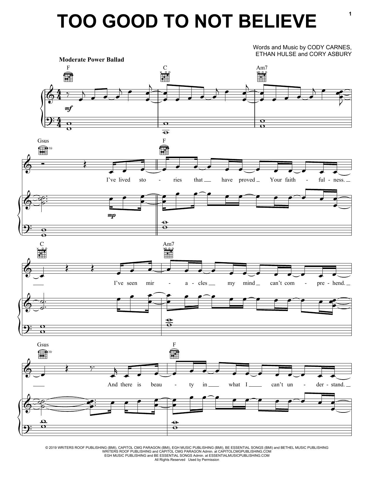 Preview Cody Carnes Too Good To Not Believe (feat. Brandon Lake) Christian sheet music, notes and chords for Piano, Vocal & Guitar (Right-Hand Melody), SKU: 488185 Too Good To Not Believe (feat. Brandon Lake) sheet music