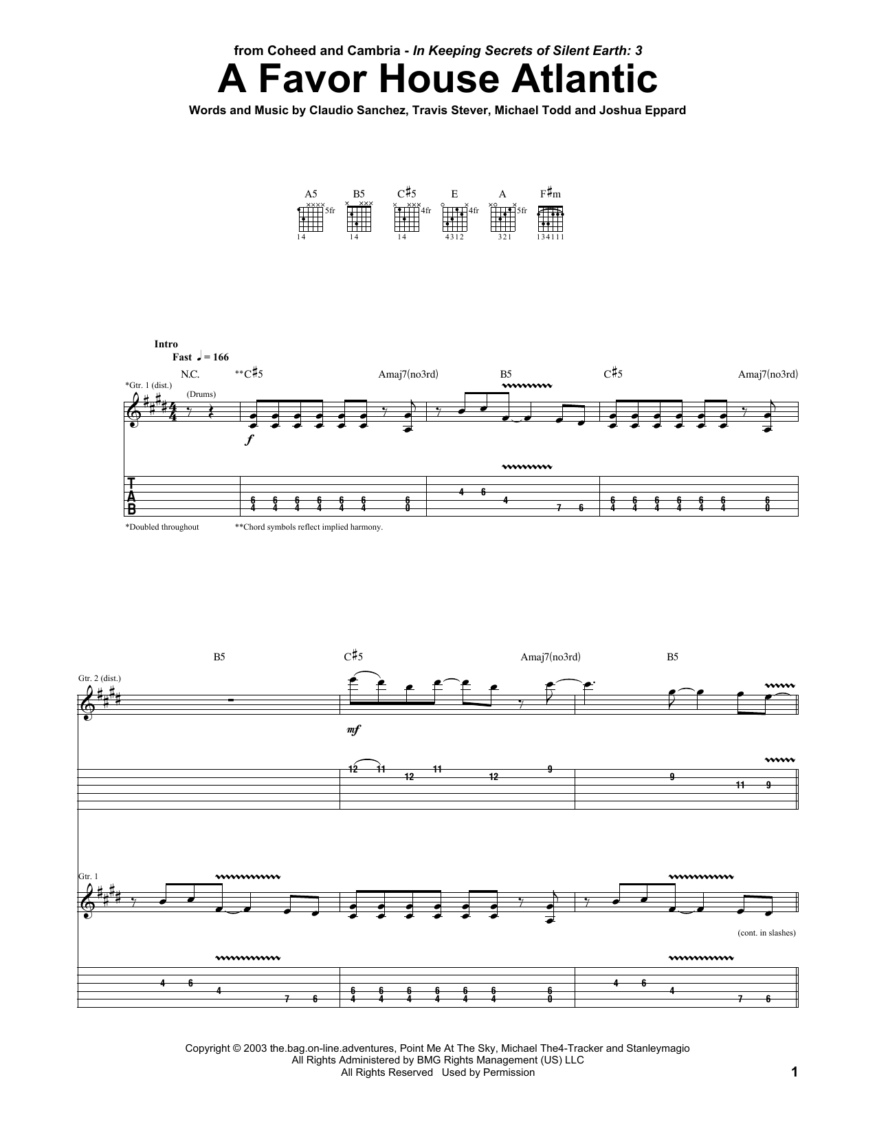 Coheed And Cambria A Favor House Atlantic Sheet Music Notes & Chords for Guitar Tab - Download or Print PDF