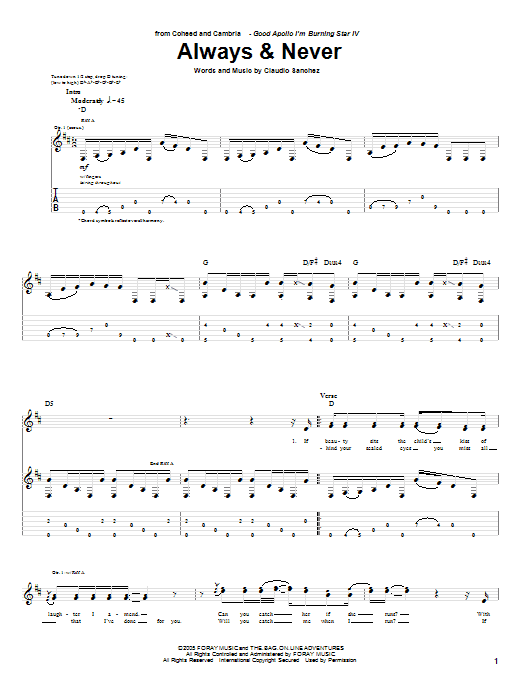 Coheed And Cambria Always & Never Sheet Music Notes & Chords for Guitar Tab - Download or Print PDF