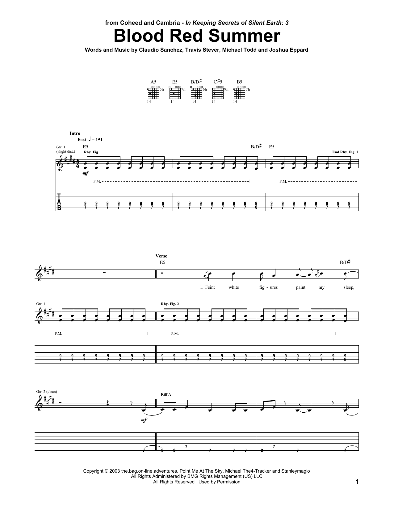 Coheed And Cambria Blood Red Summer Sheet Music Notes & Chords for Guitar Tab - Download or Print PDF