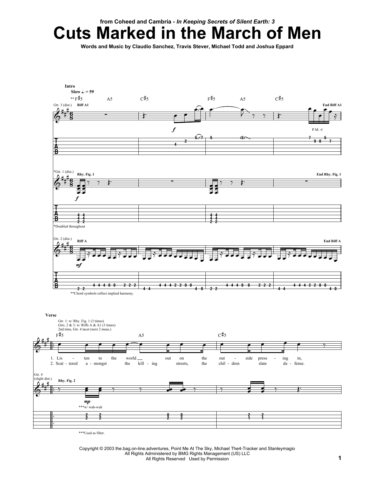 Coheed And Cambria Cuts Marked In The March Of Men Sheet Music Notes & Chords for Guitar Tab - Download or Print PDF