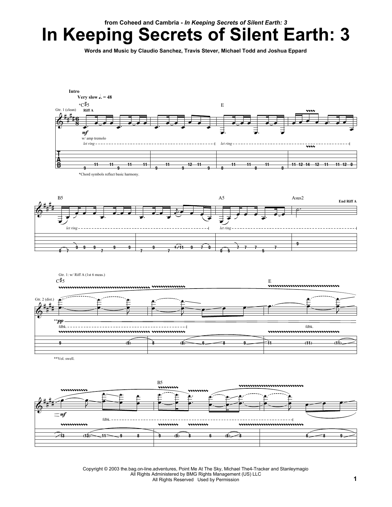 Coheed And Cambria In Keeping Secrets Of Silent Earth: 3 Sheet Music Notes & Chords for Guitar Tab - Download or Print PDF