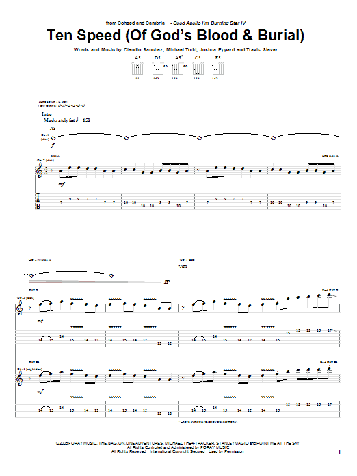 Coheed And Cambria Ten Speed (Of God's Blood & Burial) Sheet Music Notes & Chords for Guitar Tab - Download or Print PDF