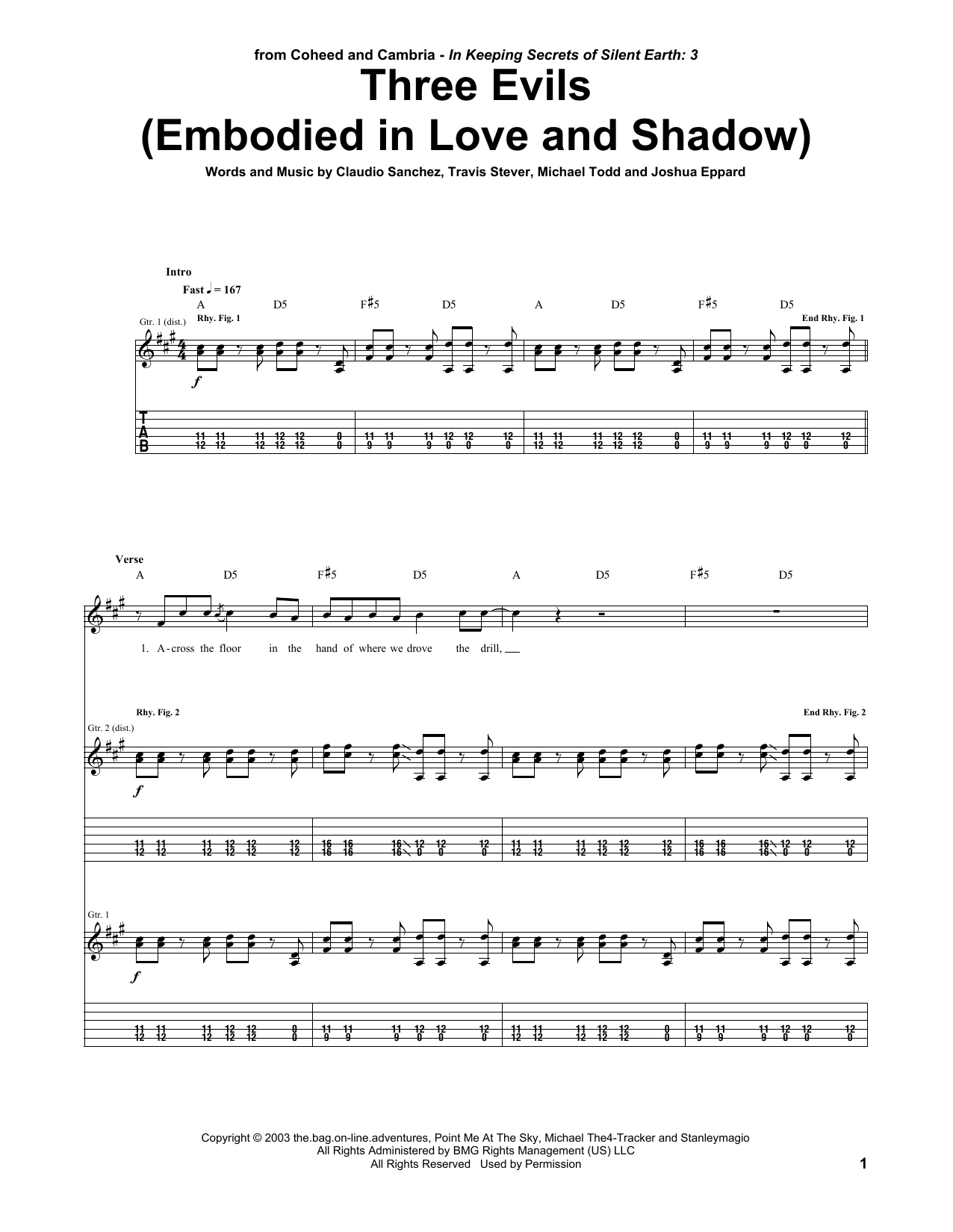 Coheed And Cambria Three Evils (Embodied In Love And Shadow) Sheet Music Notes & Chords for Guitar Tab - Download or Print PDF