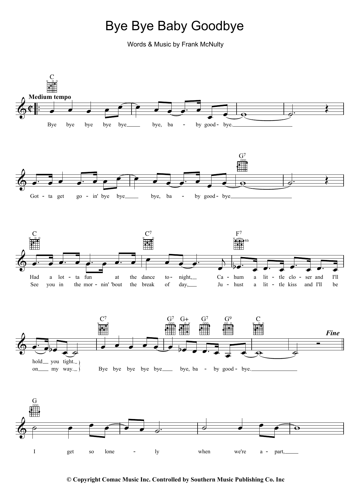 Col Joye Bye Bye Baby Goodbye Sheet Music Notes & Chords for Melody Line, Lyrics & Chords - Download or Print PDF