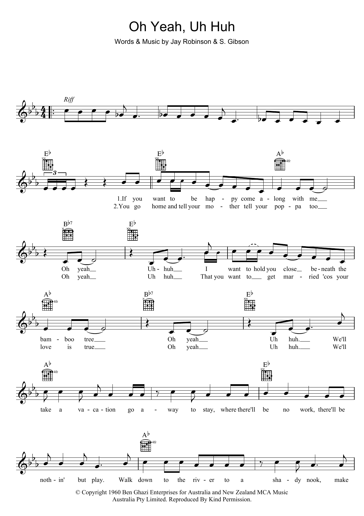 Col Joye Oh Yeah, Uh Huh Sheet Music Notes & Chords for Melody Line, Lyrics & Chords - Download or Print PDF