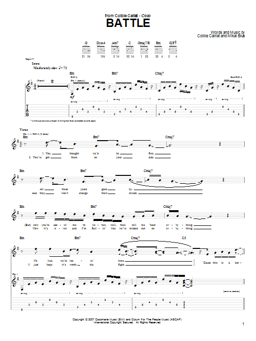 Colbie Caillat Battle Sheet Music Notes & Chords for Guitar Tab - Download or Print PDF
