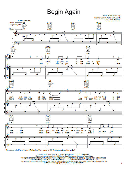 Colbie Caillat Begin Again Sheet Music Notes & Chords for Piano, Vocal & Guitar (Right-Hand Melody) - Download or Print PDF Colbie Caillat Begin Again Sheet Music Notes & Chords for Piano, Vocal & Guitar (Right-Hand Melody) - Download or Print PDF