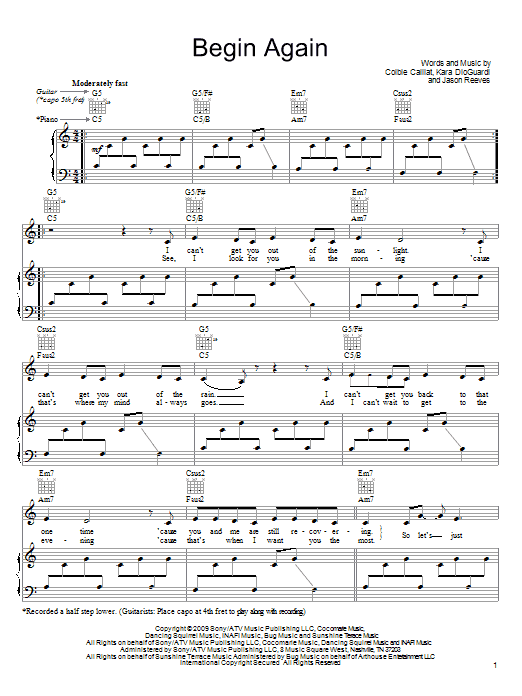 Colbie Caillat Begin Again Sheet Music Notes & Chords for Lyrics & Chords - Download or Print PDF
