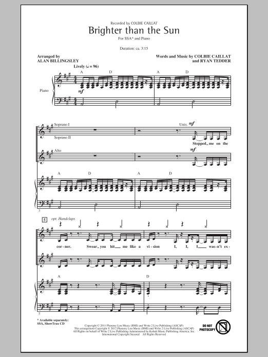 Colbie Caillat Brighter Than The Sun (arr. Alan Billingsley) Sheet Music Notes & Chords for SATB - Download or Print PDF