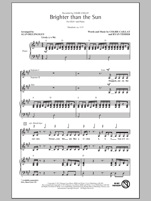 Colbie Caillat Brighter Than The Sun (arr. Alan Billingsley) Sheet Music Notes & Chords for SSA - Download or Print PDF