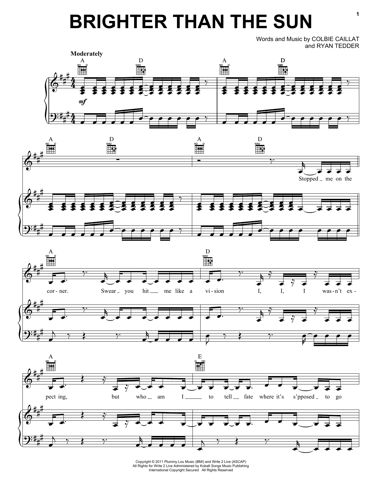 Colbie Caillat Brighter Than The Sun Sheet Music Notes & Chords for Lyrics & Chords - Download or Print PDF