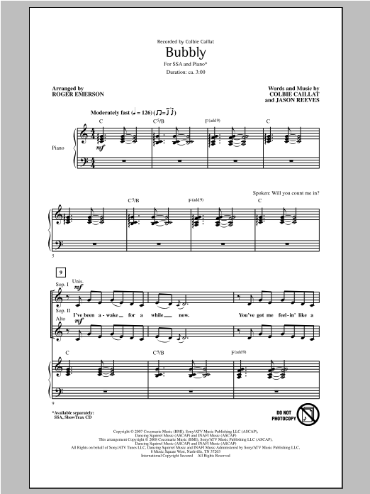 Colbie Caillat Bubbly (arr. Roger Emerson) Sheet Music Notes & Chords for SSA - Download or Print PDF Colbie Caillat Bubbly (arr. Roger Emerson) Sheet Music Notes & Chords for SSA - Download or Print PDF