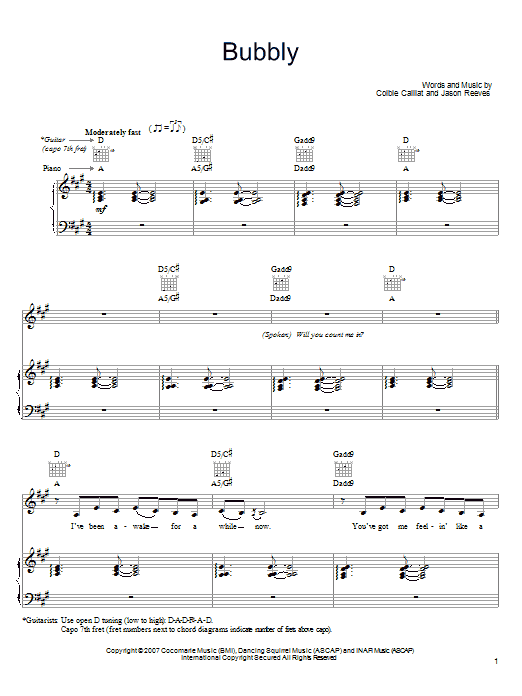 Colbie Caillat Bubbly Sheet Music Notes & Chords for Easy Guitar Tab - Download or Print PDF