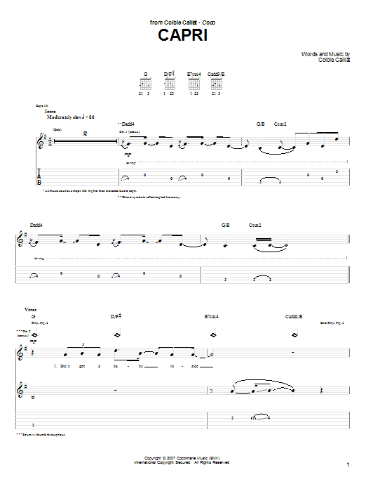 Colbie Caillat Capri Sheet Music Notes & Chords for Piano, Vocal & Guitar (Right-Hand Melody) - Download or Print PDF