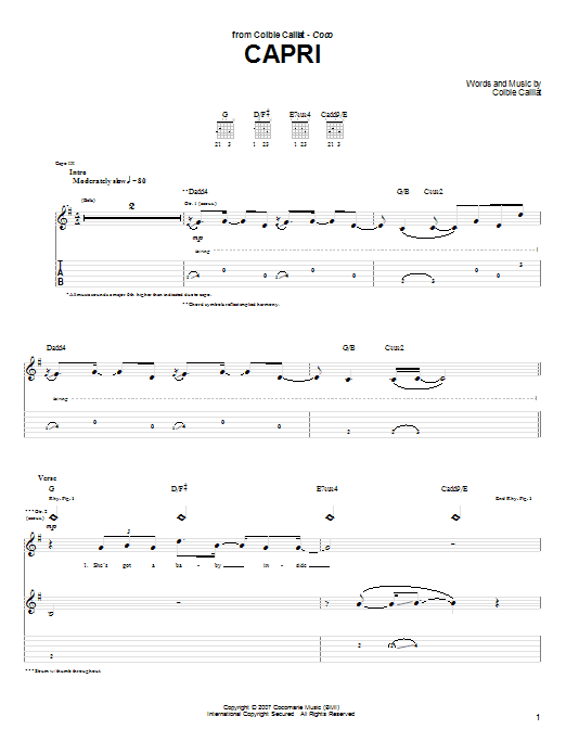 Colbie Caillat Capri Sheet Music Notes & Chords for Guitar Tab - Download or Print PDF