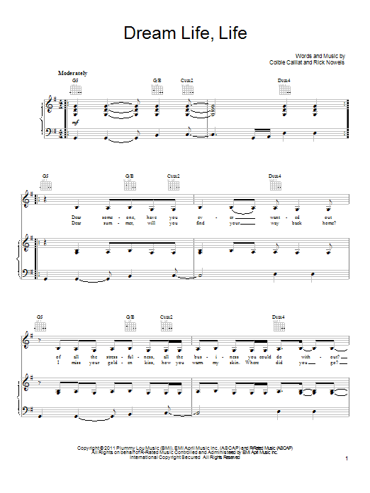 Colbie Caillat Dream Life Life Sheet Music Notes & Chords for Piano, Vocal & Guitar (Right-Hand Melody) - Download or Print PDF