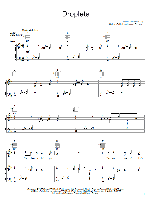 Colbie Caillat Droplets Sheet Music Notes & Chords for Piano, Vocal & Guitar (Right-Hand Melody) - Download or Print PDF