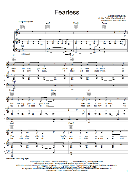 Colbie Caillat Fearless Sheet Music Notes & Chords for Piano, Vocal & Guitar (Right-Hand Melody) - Download or Print PDF