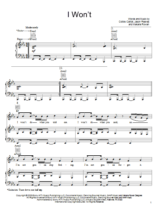 Colbie Caillat I Won't Sheet Music Notes & Chords for Piano, Vocal & Guitar (Right-Hand Melody) - Download or Print PDF