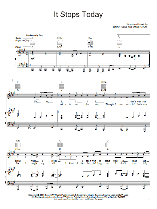 Colbie Caillat It Stops Today Sheet Music Notes & Chords for Piano, Vocal & Guitar (Right-Hand Melody) - Download or Print PDF