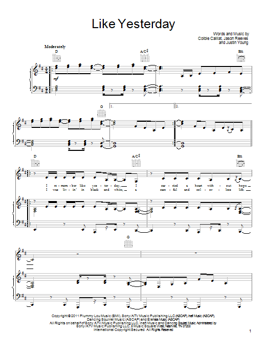 Colbie Caillat Like Yesterday Sheet Music Notes & Chords for Piano, Vocal & Guitar (Right-Hand Melody) - Download or Print PDF