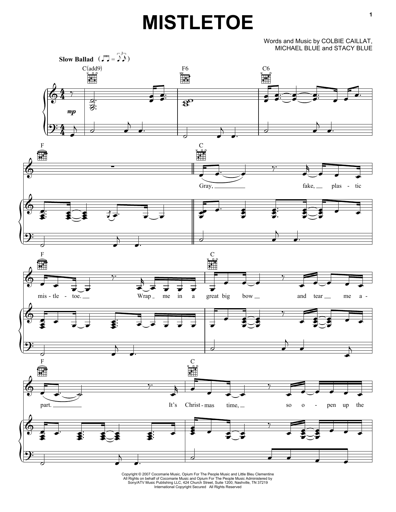 Colbie Caillat Mistletoe Sheet Music Notes & Chords for Piano, Vocal & Guitar (Right-Hand Melody) - Download or Print PDF