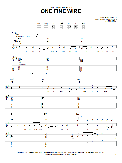 Colbie Caillat One Fine Wire Sheet Music Notes & Chords for Piano, Vocal & Guitar (Right-Hand Melody) - Download or Print PDF