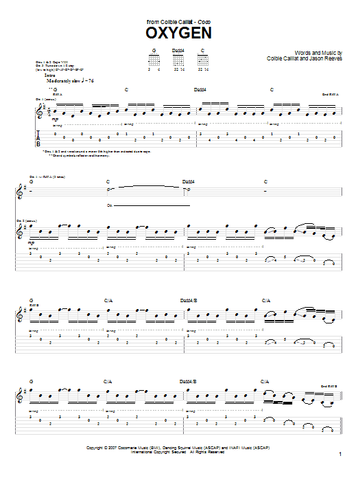 Colbie Caillat Oxygen Sheet Music Notes & Chords for Piano, Vocal & Guitar (Right-Hand Melody) - Download or Print PDF