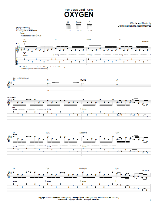 Colbie Caillat Oxygen Sheet Music Notes & Chords for Guitar Tab - Download or Print PDF