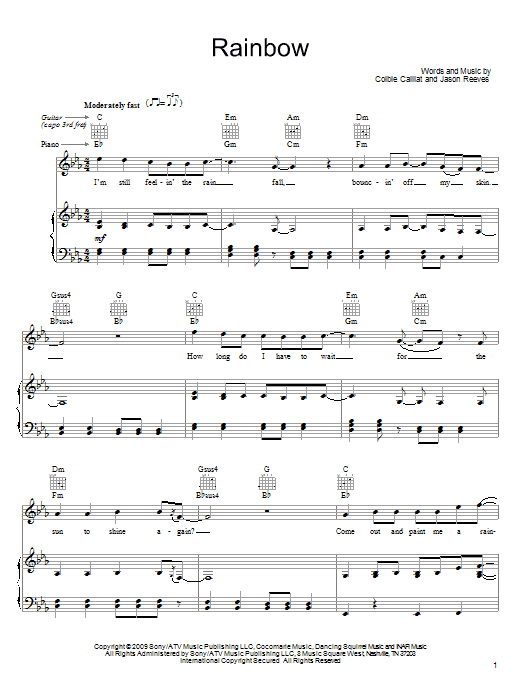 Colbie Caillat Rainbow Sheet Music Notes & Chords for Piano, Vocal & Guitar (Right-Hand Melody) - Download or Print PDF