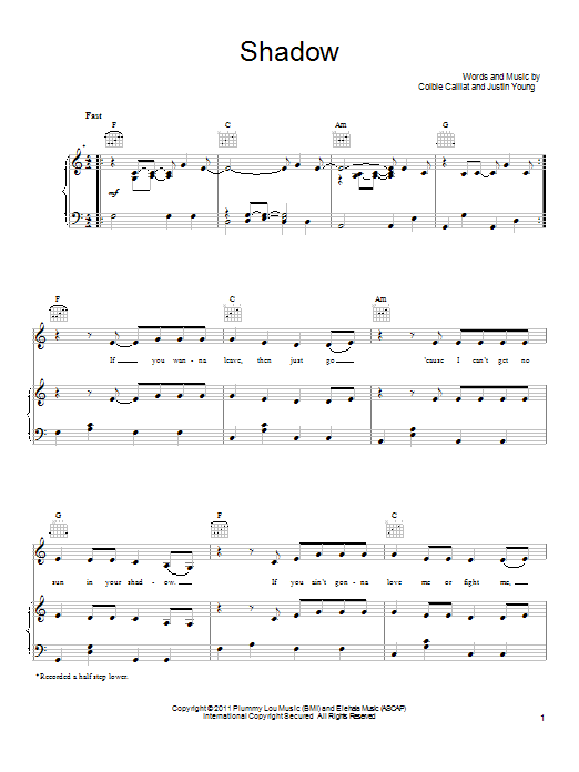 Colbie Caillat Shadow Sheet Music Notes & Chords for Piano, Vocal & Guitar (Right-Hand Melody) - Download or Print PDF