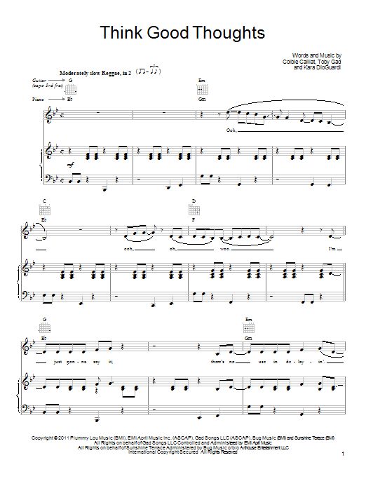 Colbie Caillat Think Good Thoughts Sheet Music Notes & Chords for Piano, Vocal & Guitar (Right-Hand Melody) - Download or Print PDF