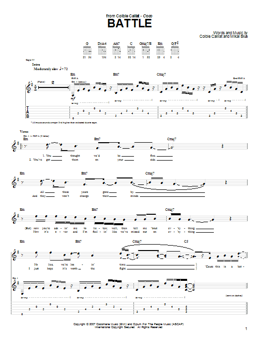 Preview Colbie Caillat Battle Pop sheet music, notes and chords for Piano, Vocal & Guitar (Right-Hand Melody), SKU: 64047 Battle sheet music