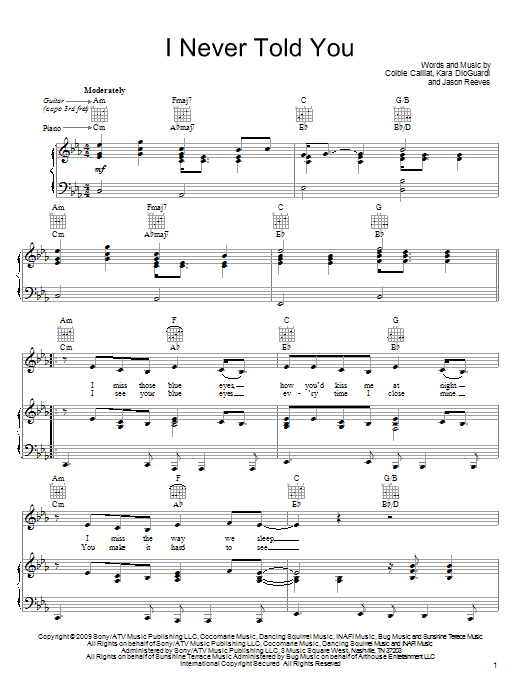 Preview Colbie Caillat I Never Told You Pop sheet music, notes and chords for Piano, Vocal & Guitar (Right-Hand Melody), SKU: 72700 I Never Told You sheet music