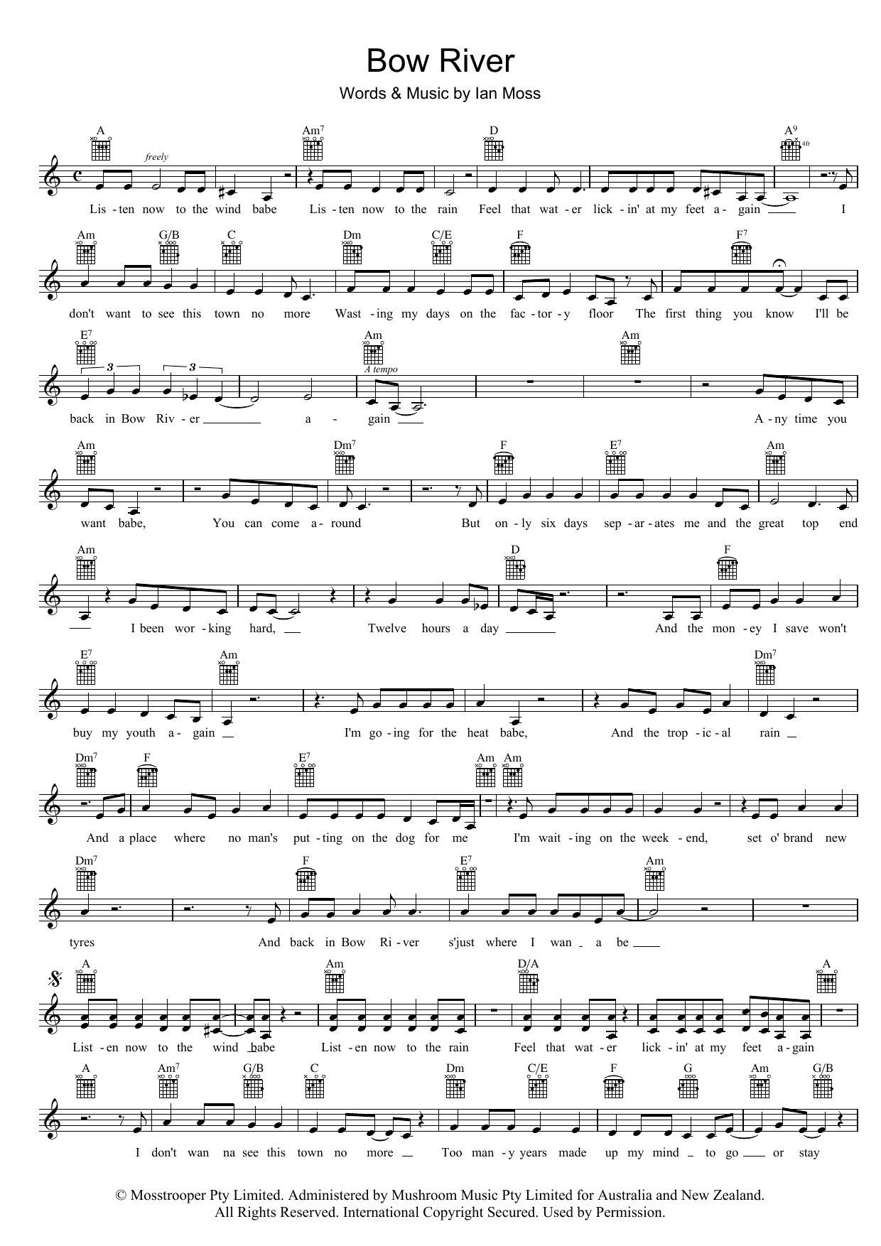 Cold Chisel Bow River Sheet Music Notes & Chords for Melody Line, Lyrics & Chords - Download or Print PDF