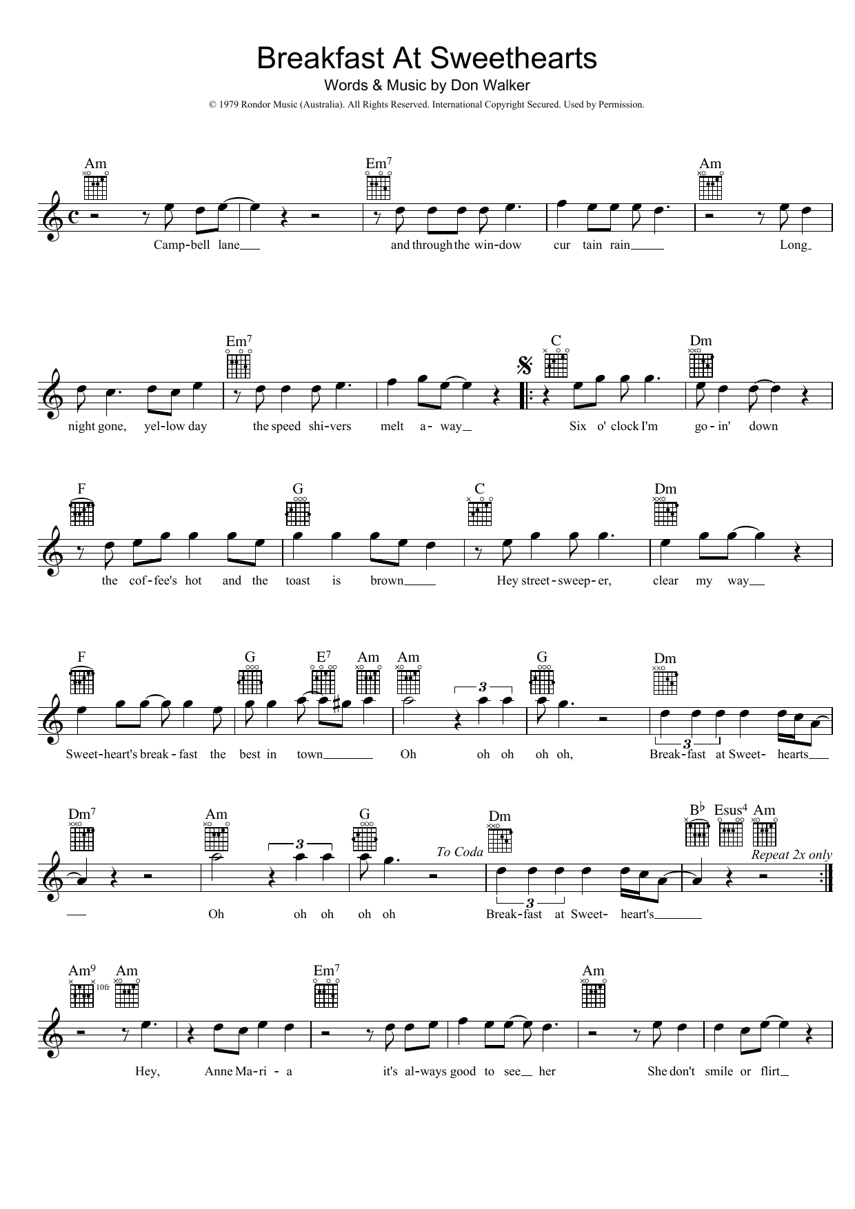 Cold Chisel Breakfast At Sweethearts Sheet Music Notes & Chords for Melody Line, Lyrics & Chords - Download or Print PDF