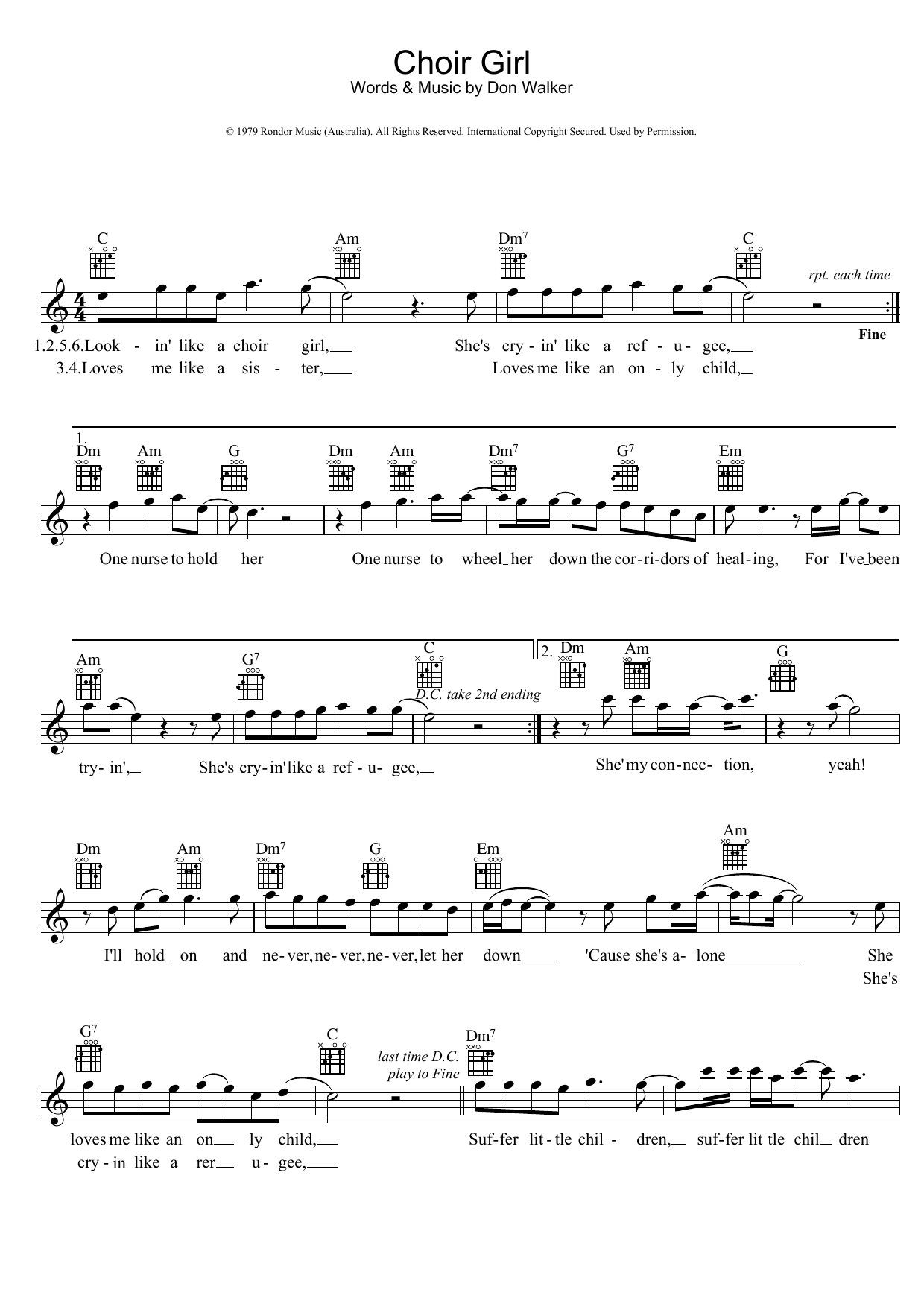 Cold Chisel Choir Girl Sheet Music Notes & Chords for Beginner Piano - Download or Print PDF