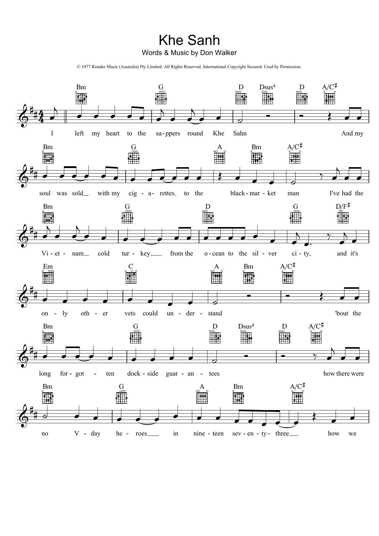 Cold Chisel Khe Sanh Sheet Music Notes & Chords for Melody Line, Lyrics & Chords - Download or Print PDF