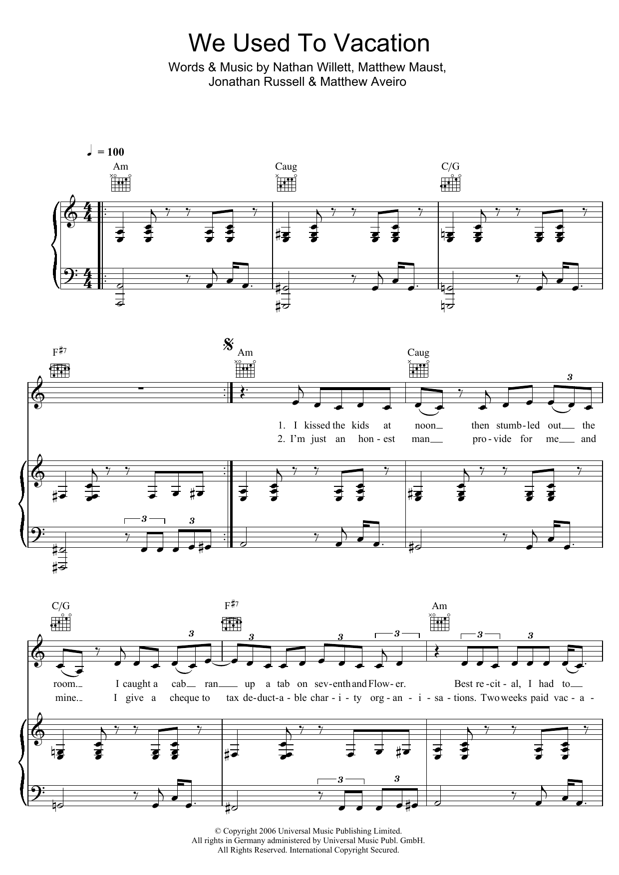 Cold War Kids We Used To Vacation Sheet Music Notes & Chords for Lyrics & Chords - Download or Print PDF