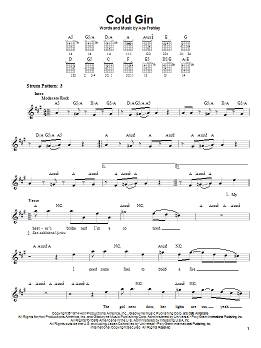 Preview KISS Cold Gin Rock sheet music, notes and chords for Guitar Tab, SKU: 177465 sheet music, piano notes, chords, guitar tabs, score, transpose, transcribe, how to play, guide, download, learn, tutorial, progression, song, artist, awards, billboard, mtv, vh1, tour, single, album, release