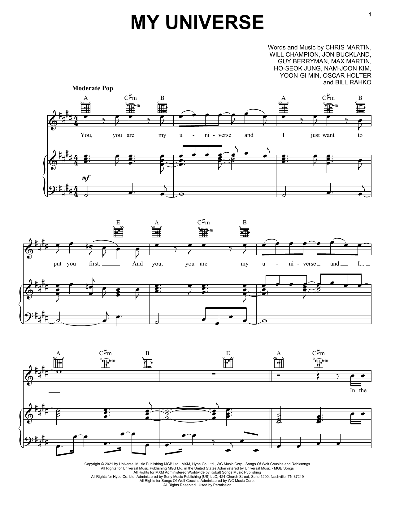 Coldplay & BTS My Universe Sheet Music Notes & Chords for Piano, Vocal & Guitar (Right-Hand Melody) - Download or Print PDF