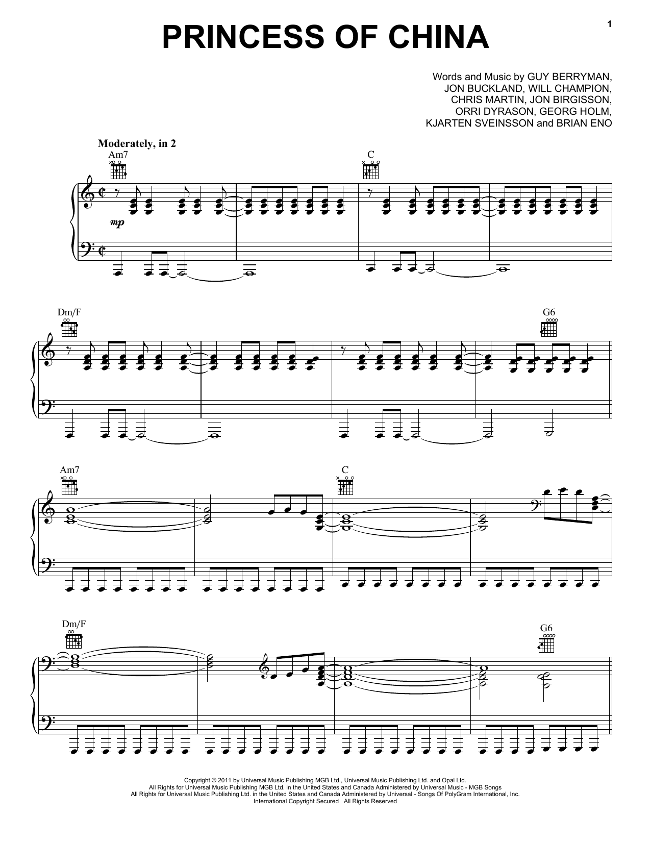 Coldplay & Rihanna Princess Of China Sheet Music Notes & Chords for Piano, Vocal & Guitar (Right-Hand Melody) - Download or Print PDF