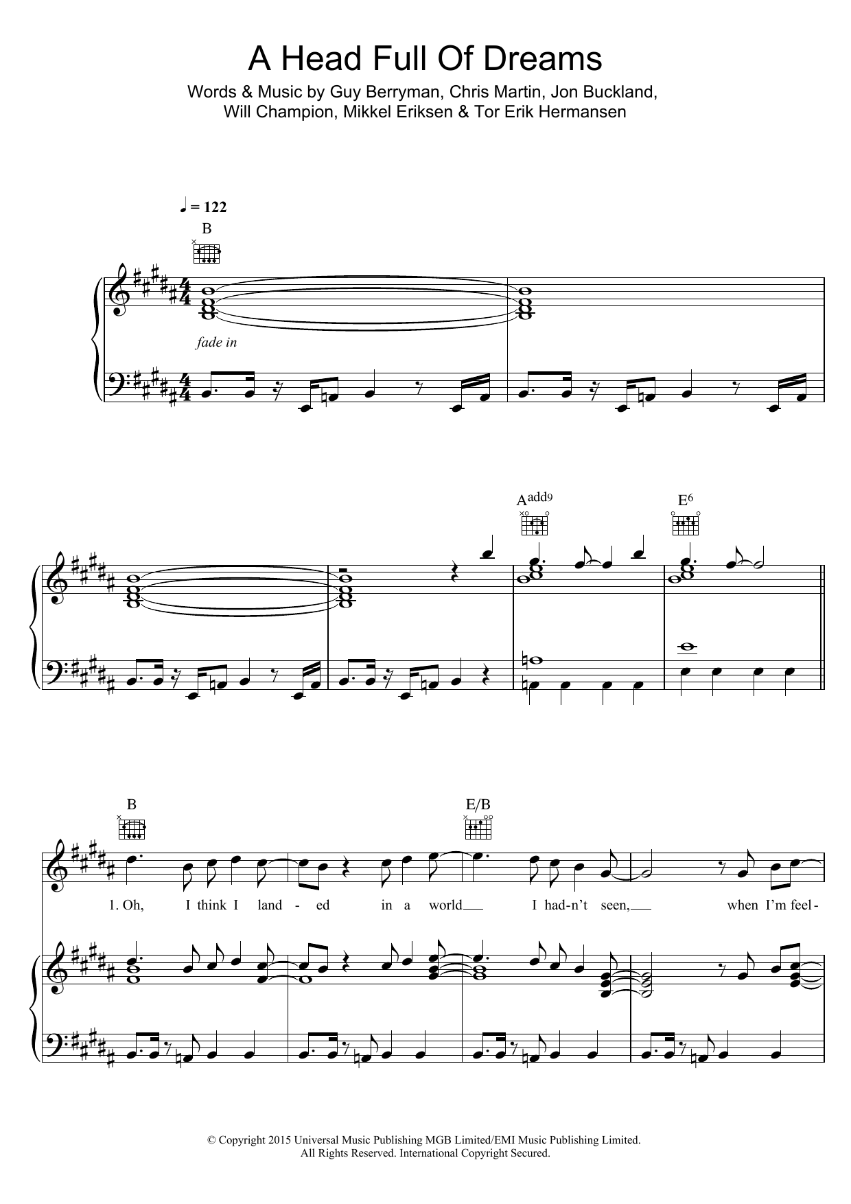 Coldplay A Head Full Of Dreams Sheet Music Notes & Chords for Piano, Vocal & Guitar (Right-Hand Melody) - Download or Print PDF
