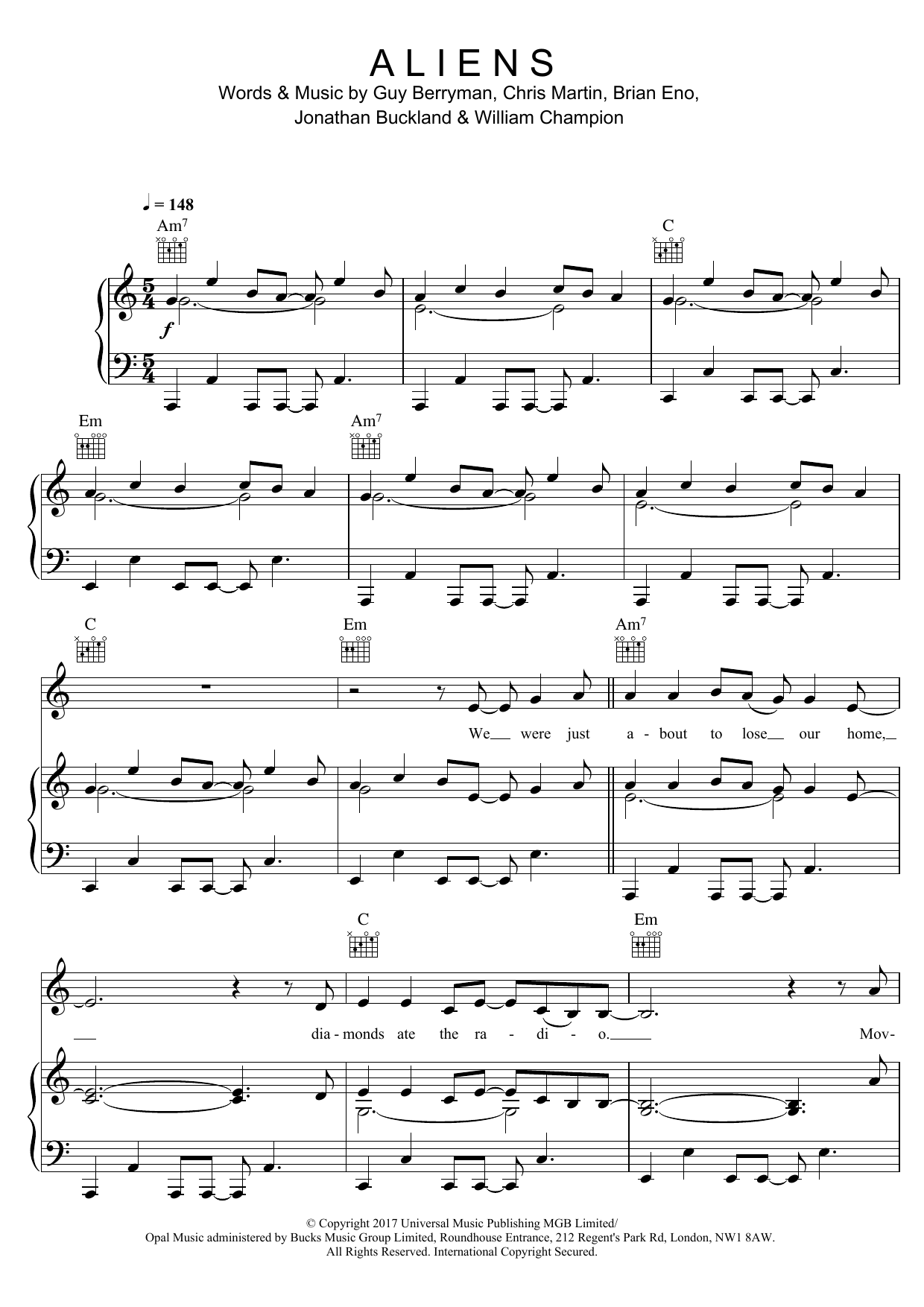 Coldplay A L I E N S Sheet Music Notes & Chords for Lyrics & Chords - Download or Print PDF