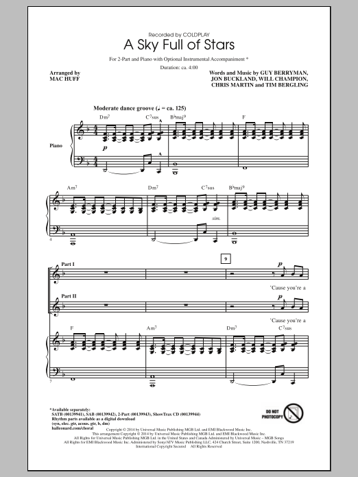 Coldplay A Sky Full Of Stars (arr. Mac Huff) Sheet Music Notes & Chords for 2-Part Choir - Download or Print PDF