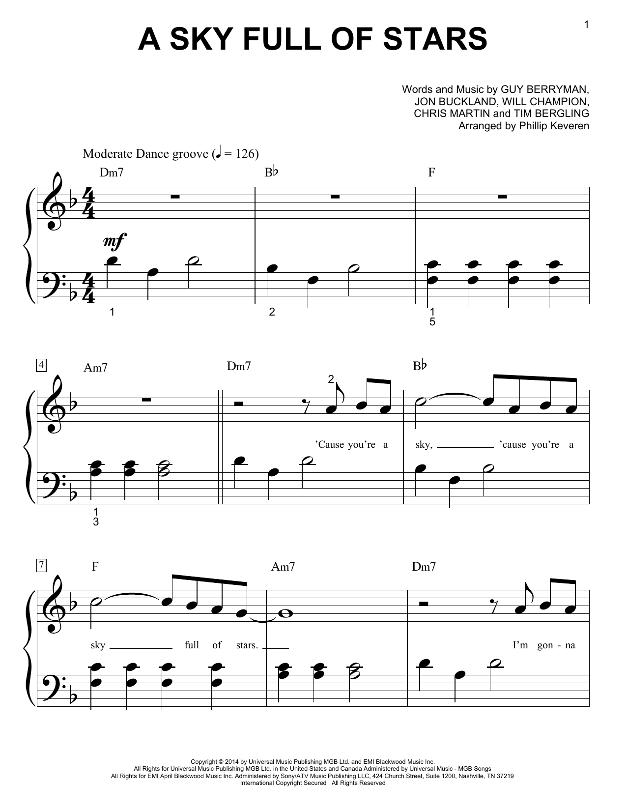 Phillip Keveren A Sky Full Of Stars Sheet Music Notes & Chords for Piano (Big Notes) - Download or Print PDF