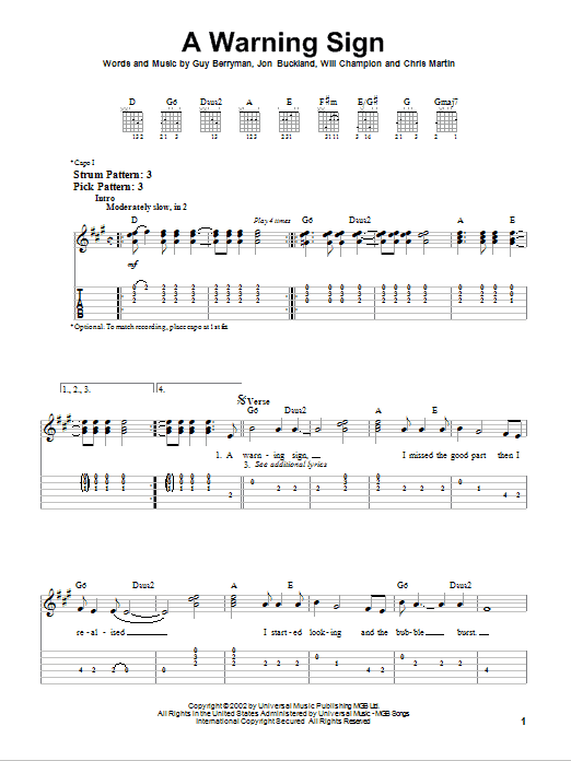Coldplay A Warning Sign Sheet Music Notes & Chords for Easy Guitar Tab - Download or Print PDF