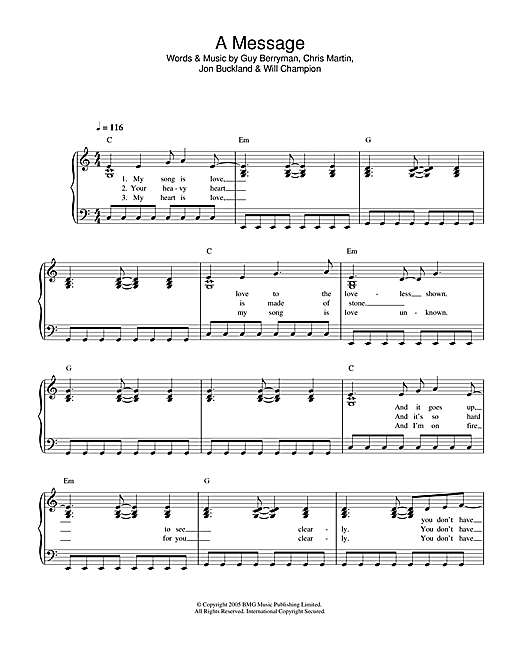 Preview Coldplay A Message Rock sheet music, notes and chords for Easy Piano, SKU: 32709 A Message sheet music